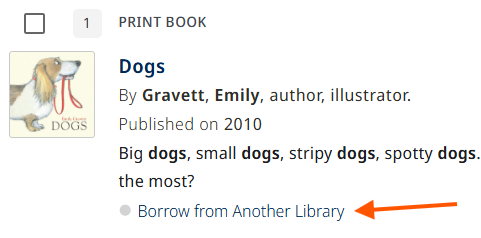 Screenshot of arrow pointing to "Find & Request" link for a book record. 